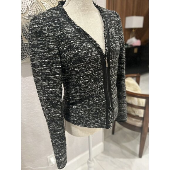 BCBG Paris Womens Black & White Tweed Jacket With Zipper & Fringe Detail Size S - Picture 3 of 6